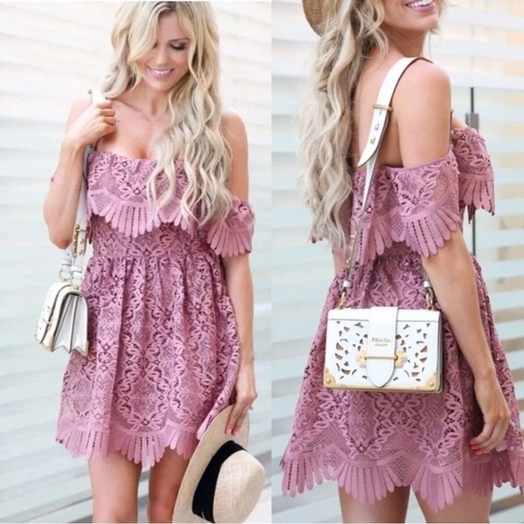 Lovers + Friends Dresses & Skirts - Lovers & Friends “Mauve Lace Off Shoulder Spring/Summer Wedding Guest Mini Dress